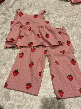 Amazon Pink Strawberry Print Girls Pajama Set - Sleeveless Top & Pants
